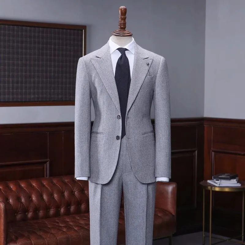 Fancy Gray Plaid Peaked Lapel Business Suits Two Pieces Prom Suits