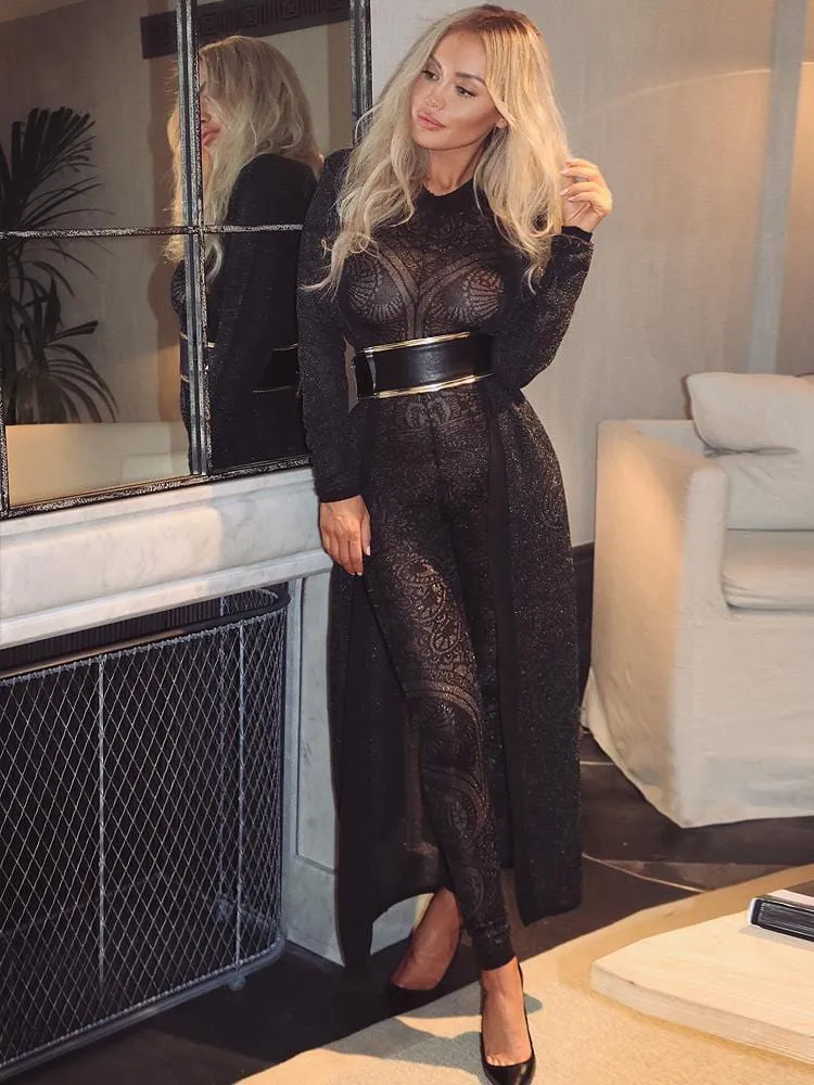 KALI BLACK SHEER PAISLEY KNIT JACQUARD JUMPSUIT